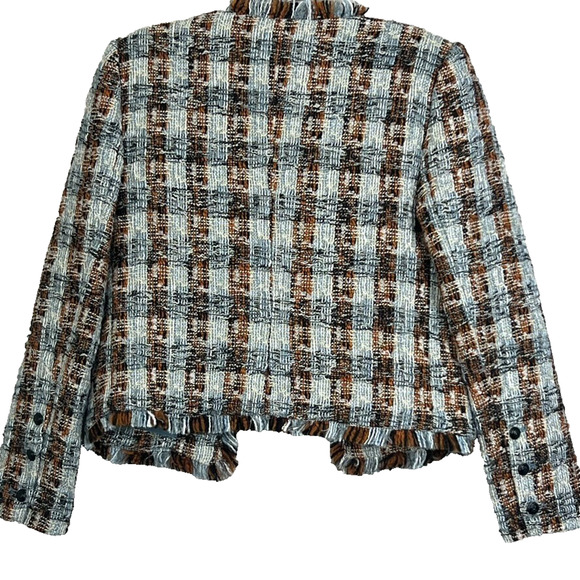 L'AGENCE Women's Size 2 Angelina Fringed Blue And Orange Plaid Tweed Blazer - Picture 2 of 7